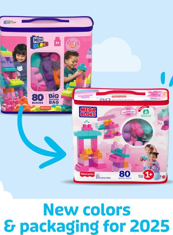 MEGA BLOKS First Builders Toddler Blocks Toys Set, Big Building Bag Collection with 80 Pieces and Storage, Pink, Ages 1+ Years - Image 3